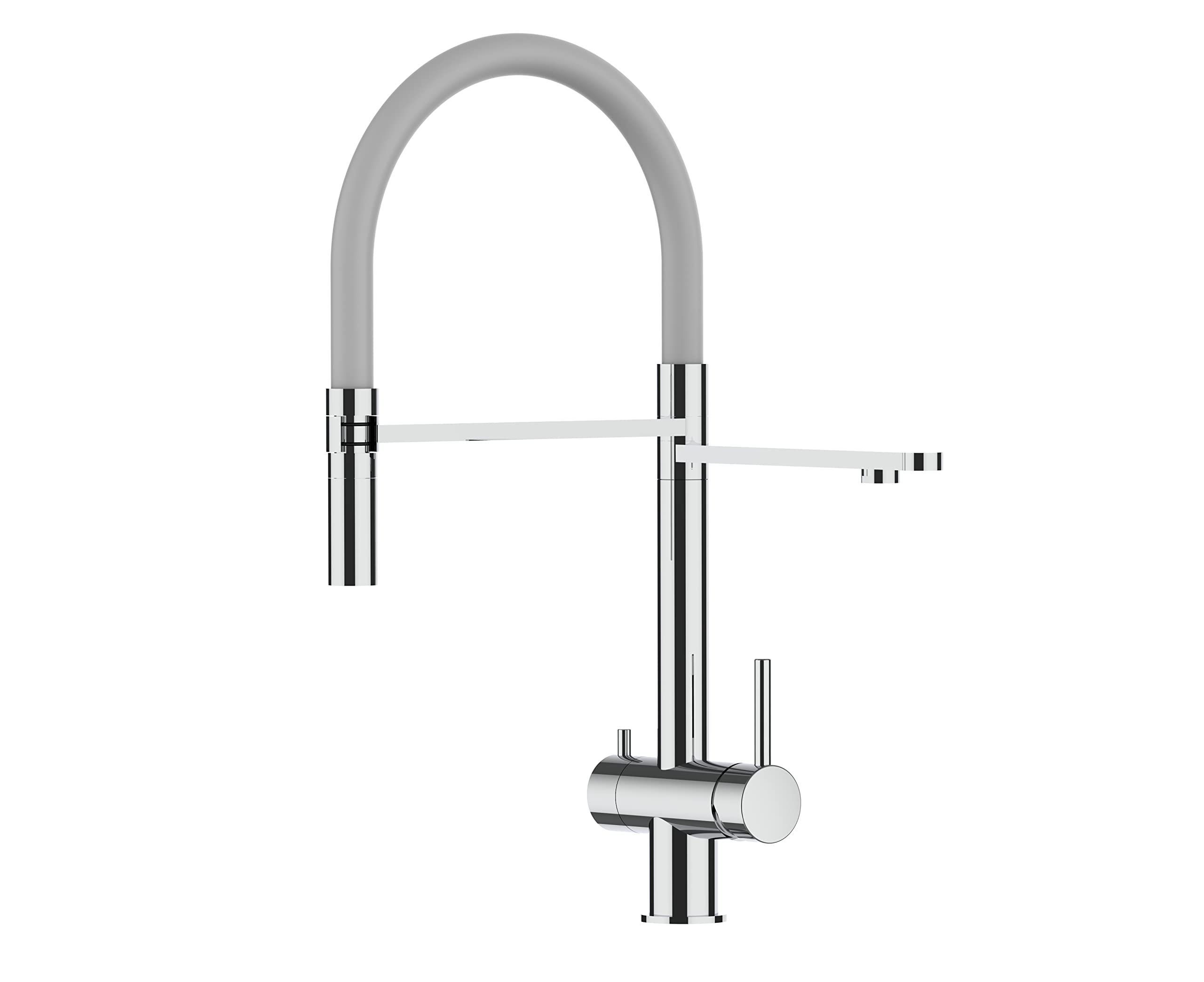 Rubinetto cucina 3 vie ACCIAIO INOX lucido per sistemi acqua gasata/aromatizzata e filtro depurazione - canna acqua filtrata girevole e doccia 2 getti movibile per acqua di linea (Grigio)