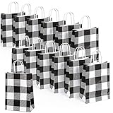 35 Pieces Buffalo Plaid Kraft Paper Bags Gingham Candy Bags Birthday Kraft Party Bags Grocery Goodie Bags Shopping Bags with Handle for Christmas Wedding Party 6.30 x 8.66 x 3.15 Inch (Black-White)