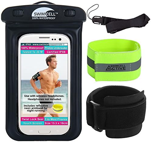 Waterproof Phone Holder Armband Case For Swimming Running Walking. Fits ALL STANDARD Size phones up to 6.3inches- iPhone 11, 13 Pro Samsung Galaxy S. Android. BONUS Hi-Vis Armband and Neck Lanyard.