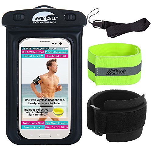 Waterproof Phone Case with Armband for Running and Swimming. with or Without Headphone Jack. SwimCell Fits All Phones 7 x 4 inches - iPhone 6, 7, Plus Samsung. (Black, HPJ)