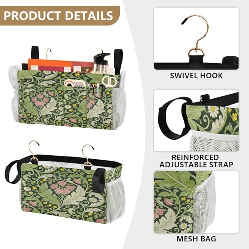 miaozhen Sac de rangement de poche Essentails pour lit superposé à suspendre pour dortoir universitaire, rails de lit d'hôpital, œillets roses et feuilles vertes William Morris organizador de libros – vue 5