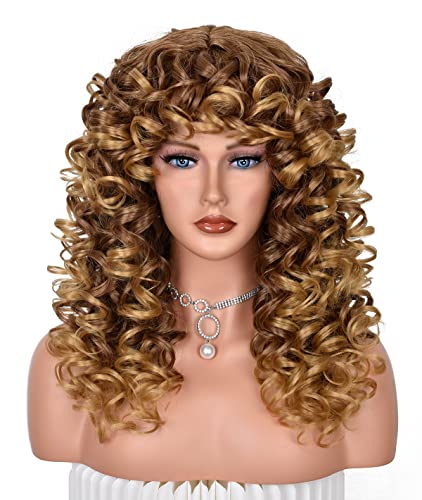 Annivia-X Long Curly Wigs For Black Women Ombre Blonde Curly Wig With Bangs Loose Cute Golden Curly Hair thumb #1