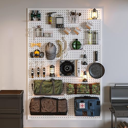 SaryEdge Tool Pegboard Garage Wall Rack Drill Bit Storage Wrench Set Racks Holders,Pegboard Panels,Metal Peg Board Organizer Pegboard Kit with 10 pcs Hooks Office P,White-120x50cm/47x20in