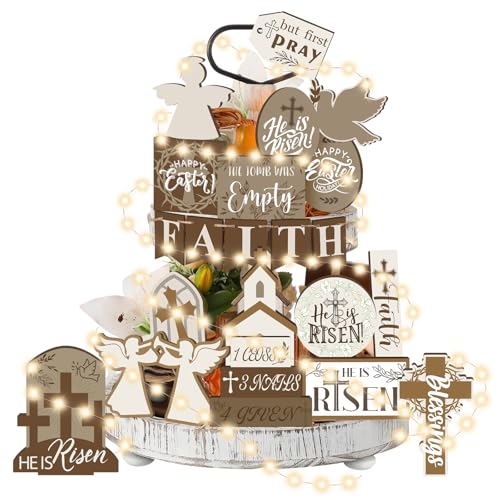 HABDJILTY 34 PCS Easter Tiered Tray Decor Set He is Risen Jesus Wood Sign with LED Lights Rustic Religious Wood Table Centerpieces Easter Farmhouse Tabletop Sign for Home Kitchen