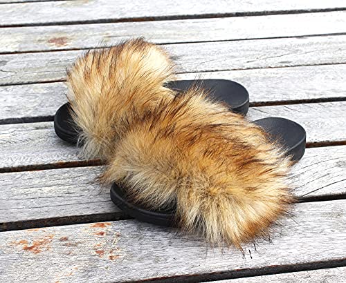 Image of Faux Fur Slides for Women, Fuzzy Slippers Fluffy Sandals Furry House Shoes Indoor Outdoor
