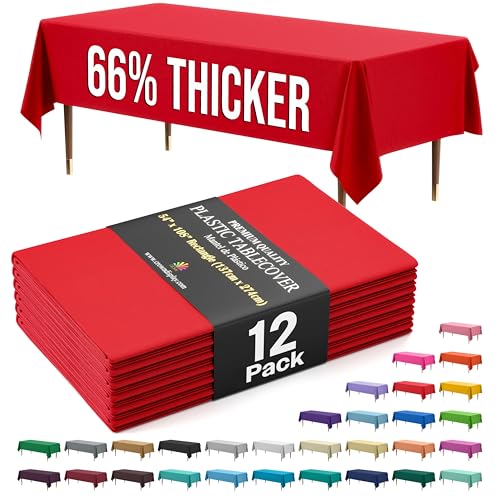 Exquisite Party Solids 66% Thicker Premium Plastic Table Cloth Rectangle Table Cover 0.5 Mil 12 Pack Red Table Cloth 54 Inch x 108 Inch Disposable Tablecloth Won't Tear Easily Like Cheap Thin Brands