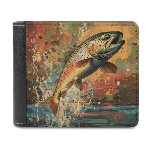 Vintage Trout Fish Jumping Leather Wallets for Men Bifold Wallets Clutch Purses with Card Slots with 6 Credit ID Card Slot