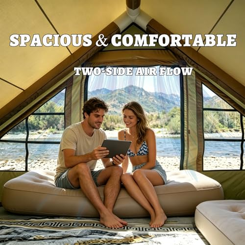 Image of Inflatable Camping Tents with Hand Pump, Air Glamping Tents, Easy Setup Waterproof and Windproof Blow up Tent, 4 Seasons Oxford Cabin Tent with Mesh Window & Stove Jack.