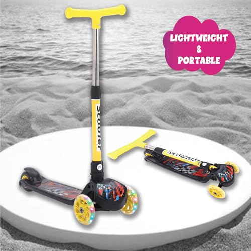 Image of ToyMagic Swift & Stride Scooter 3 Wheeler with Led Wheels Non Electronic Motion Activation Smart Kick Foldable Toy Height Adjustable Handle Birthday Gift for 3+ Made in India, Yellow, Kid