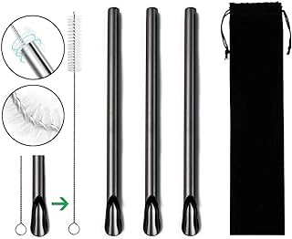 Extra Wide Reusable Stainless Steel Boba Drinking Straws Spoon Fat Straws Smoothie/Bubble Tea/Milkshakes Straws with Cleaning Brush & Carry Bag 12mm/0.5" Wide (Set of 3, Black)