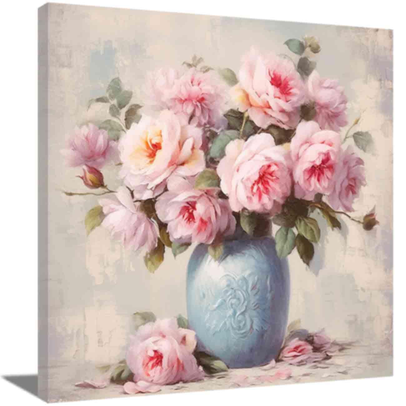ZQQART Flower Canvas Wall Art Vintage Pink Rose Floral Picture Prints Farmhouse White Rose Painting for Kitchen Bathroom Living Room Decor (Pink,24L x 24W)