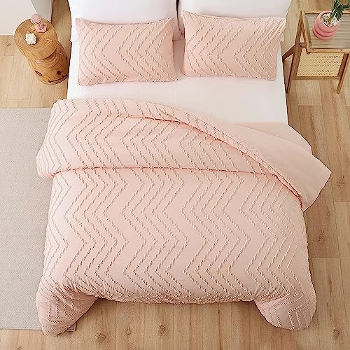 Yirddeo Pink Comforter Queen Size 3Pcs, Boho Chevron Comforter Set Queen Blush Farmhouse Bedding Sets Queen, Vertical Tufted Comforter, Lightweight Neutral Boho Bed Set (1 Comforter, 2 Pillowcases) #TOP3