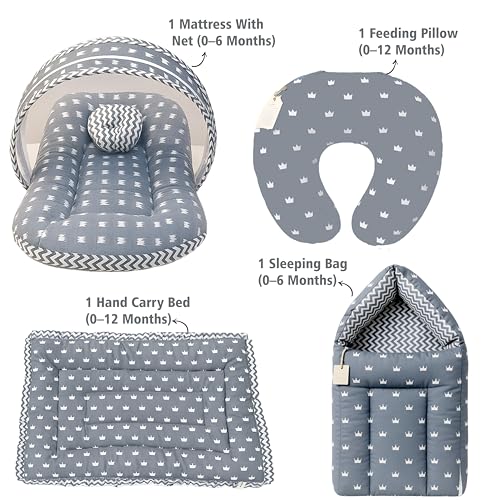 Image of Fareto Baby Bed | Carry Bag | Fedding Pillow | Hand Carry Bed | Combo of Bedding Essentials (Grey Crown)