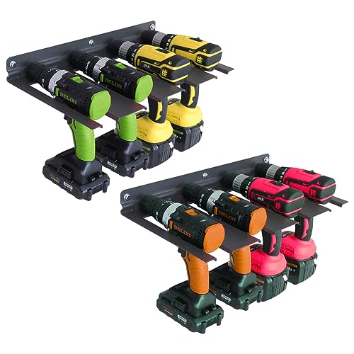 MIND&ACTION Cordless Drill Storage Rack Holds 4 Drills,Power Tool Storage Organizer Wall Mount Storage Holder for Garage,Workshop, Shed, Made of Heavy Duty Aluminum (Rack 2 Pack)