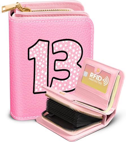 Image of Bistup Leather 12 Slot Accordion Card Holder Wallet, Pink 13 | Accordion Storage, Zipper Around Closure, Compact Patterned Wallet for IDs, Cards, Cash, Daily Carry and Gifts