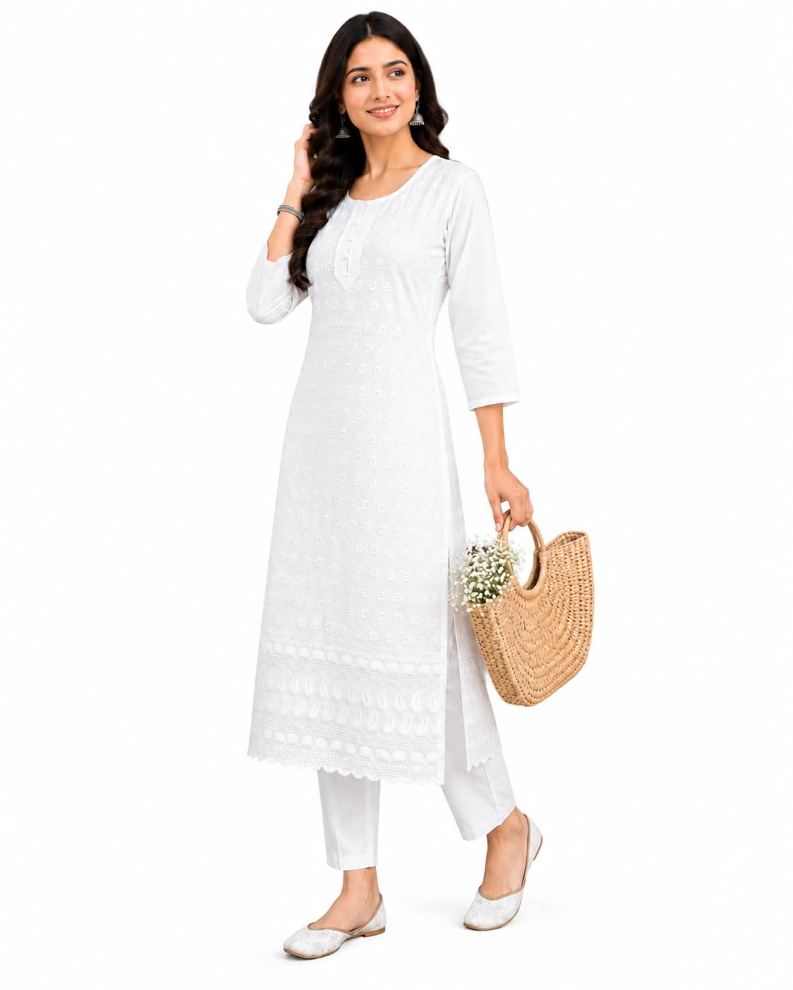 White Cotton Embroidered Straight Fit Long Kurti for Women & Girls | Round Neck | 3/4 Sleeve | Casual, Office XXL-image-22