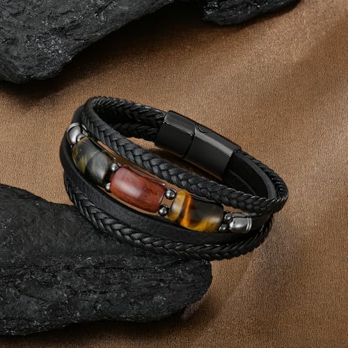 Pulsera para hombre con cuero y piedra ojo de tigre miniatura 4