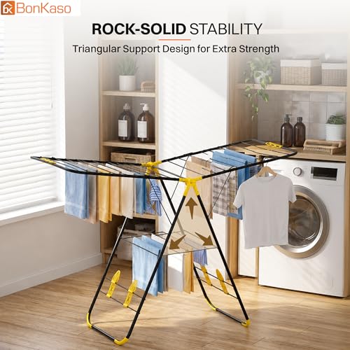 Image of BonKaso Premium Steel Foldable Cloth Dryer Stand | Heavy Duty Clothes Drying Rack with Arm Lock & Socks Holder | 147 x 60.5 x 105.5 cm | Black & Yellow