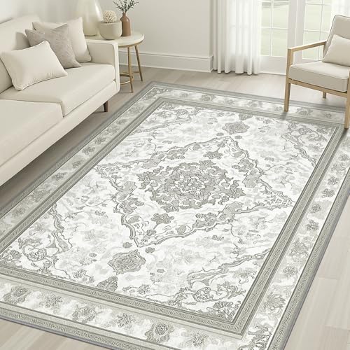 BAHIWOM 6x9 Grey Area Rug - Non Slip Washable Rug Ultra Soft Faux Wool Low-Pile Boho Style Carpet for Living Room Bedroom Office Spaces