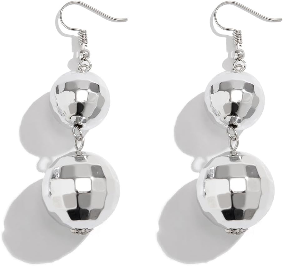 Sparkle Silver Disco Ball Drop Earrings for Women,Double