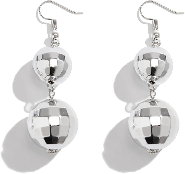 Sparkle Silver Disco Ball Drop Earrings for Women,Double