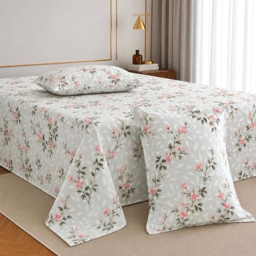 Image of Jaipur Weaves Double Bed Cotton Bedsheet Queen Size 90x100, 100% Pure Cotton Bed Sheet with 2 Pillow Covers, 240 TC Soft Breathable Floral Design - (Spring Tulips Grey, Queen)