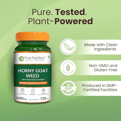 Image of Pure Nutrition Horny Goat Weed with Maca Root Extract 1000mg | Horny Goat Weed for Men Capsule Supports Energy, Stamina, Bone & Hormonal Health - 120 Veg Capsules