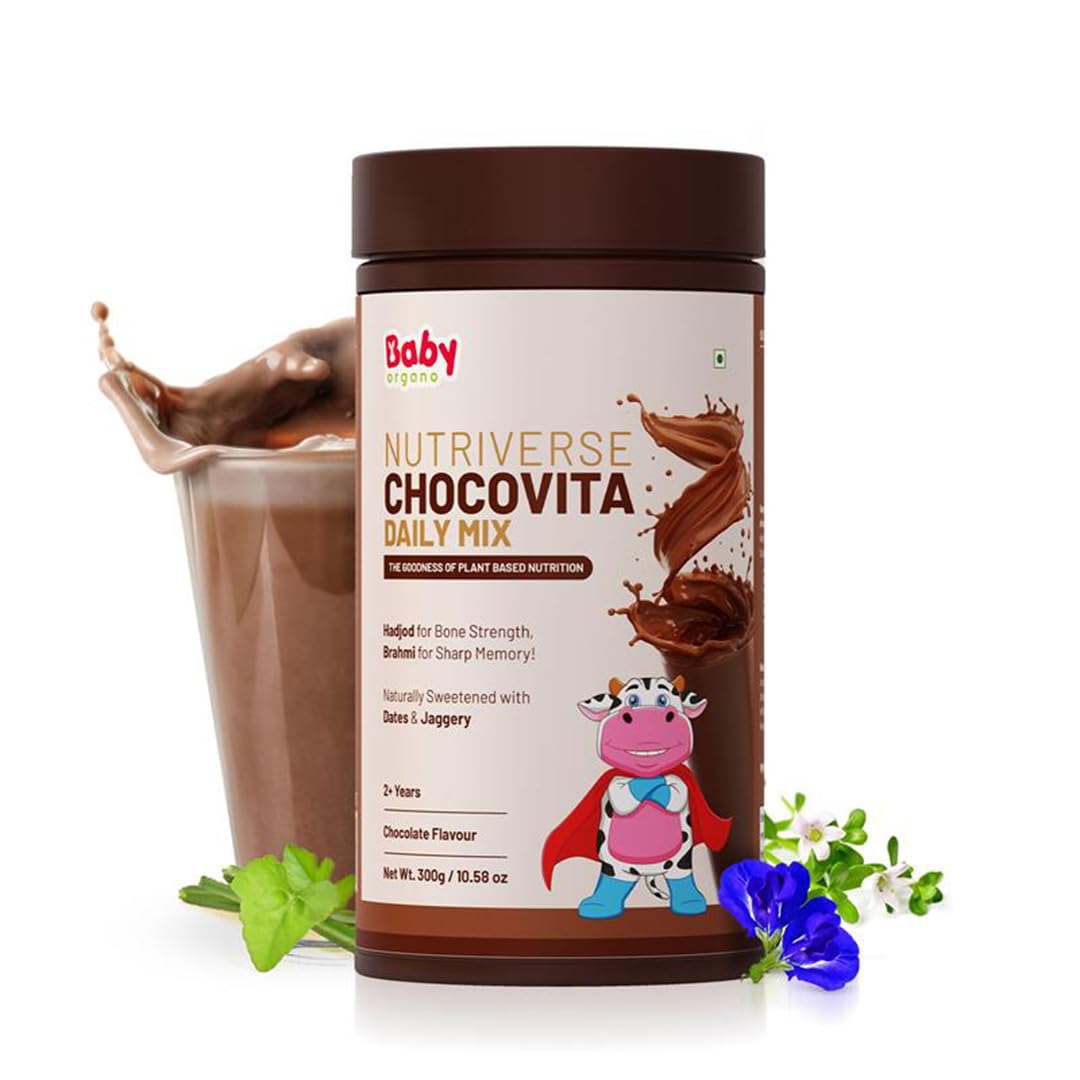 BabyOrgano Chocolate Nutriverse Chocovita milk mix 300g Powder | 2+ Years | Sweetened with Jaggery & Dates with essential Ayurvedic herbs | Enriched with Brahmi for DHA | Hadjod for bone strength | Healthy Growth & Boosts Immunity with Anantmool & Nagarmotha