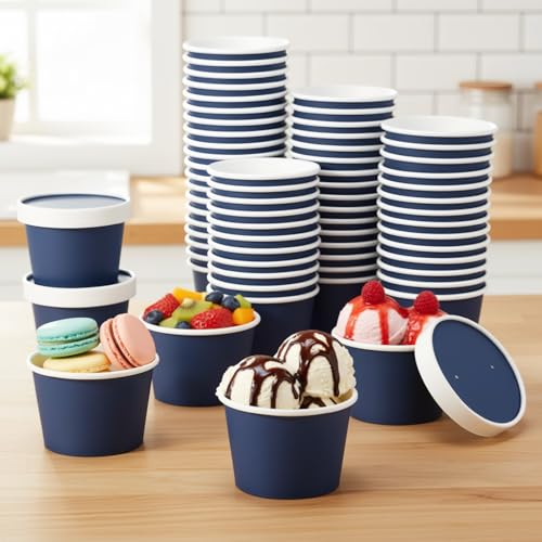 Image of Fulmoon 8 oz 100 Pack Paper Containers with Lids Soup Bowl Cup, Navy Blue | Disposable Ice Cream Cup, Kraft Food Containers with Vented Lid Stackable for Hot Soup Dessert Cake Fruit Microwave Takeout
