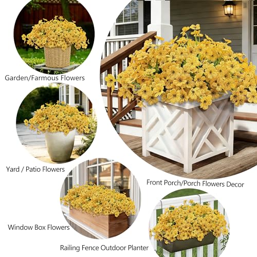 Satefello 20 Bundles Artificial Flowers for Outdoors Fall Autumn Decoration, UV Resistant Fake mums with Plastic Plants, Faux Silk Flowers for Outside Front Porch Patio Decor-Yellow - image 3