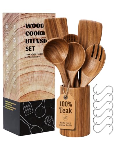 Image of 100% Premium Solid Teak Wooden Utensil Set with Holder, 7PCS