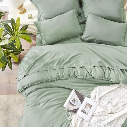 Image of Andency Full Size Comforter Set Sage Green -7 Pieces Boho Tassel Bed in a Bag Soft Lightweight Bedding Sets, All Season Fringe Bed Set with Comforter, Sheets, Pillowcases & Shams