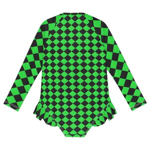 Girls One Piece Swimsuits Long Sleeve Swimsuit Zipper Bathing Suits Green Black Buffalo Plaid Checkered2