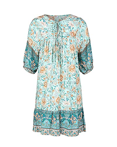 Jelly Brynn Vintage Ethnic Style A-Line Midi Dress Tie Neck Floral Pattern (Blue, Xl) #TOP2