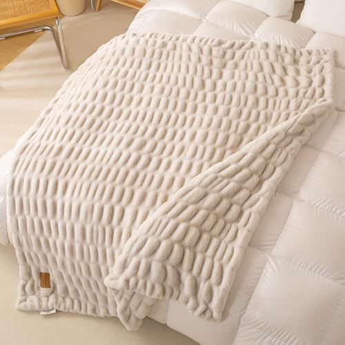 YUSOKI Luxury Double Side Faux Rabbit Fur Throw Blanket for Couch Ultra Soft Fluffy Throw Gifts Plush Thick Warm Luxury Decor Gifts for Home (Grey Ivory Medium (50 X 60 Inches))