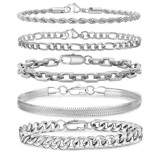 ViiTang 5 Pcs Mens Silver Bracelets Sturdy Curb Stainless Steel Width Snake Rope Figaro Cuban Chain Bracelet Set Adjustable Stack Silver Chain Bracelet for Men (Silvery 10 Pcs)