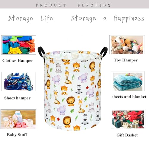 Image of Kids Laundry Hamper Clothes Gift Basket Storage Laundry Baskets Organizer Bin with Handles for Nursery Room (Tiger Animals)