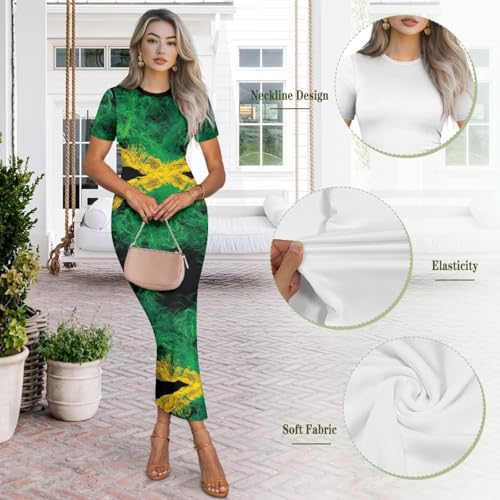 Image of Womens Short Sleeve Jamaican Flag Midi Bodycon Dress | Soft stretchy fabric,crew neck,jamaican print casual date night cocktail party, elegant chic, spring summer fall all season