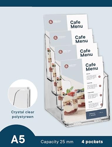 EUROPEL Etagen Prospekthalter Aufsteller - Injektion Mehrfach-Prospektständer - 4x DIN A5 - Transparent - Broschürenständer für Büros - Broschürenhalter Hochformat für Menü, Faltblatt, Flyer
