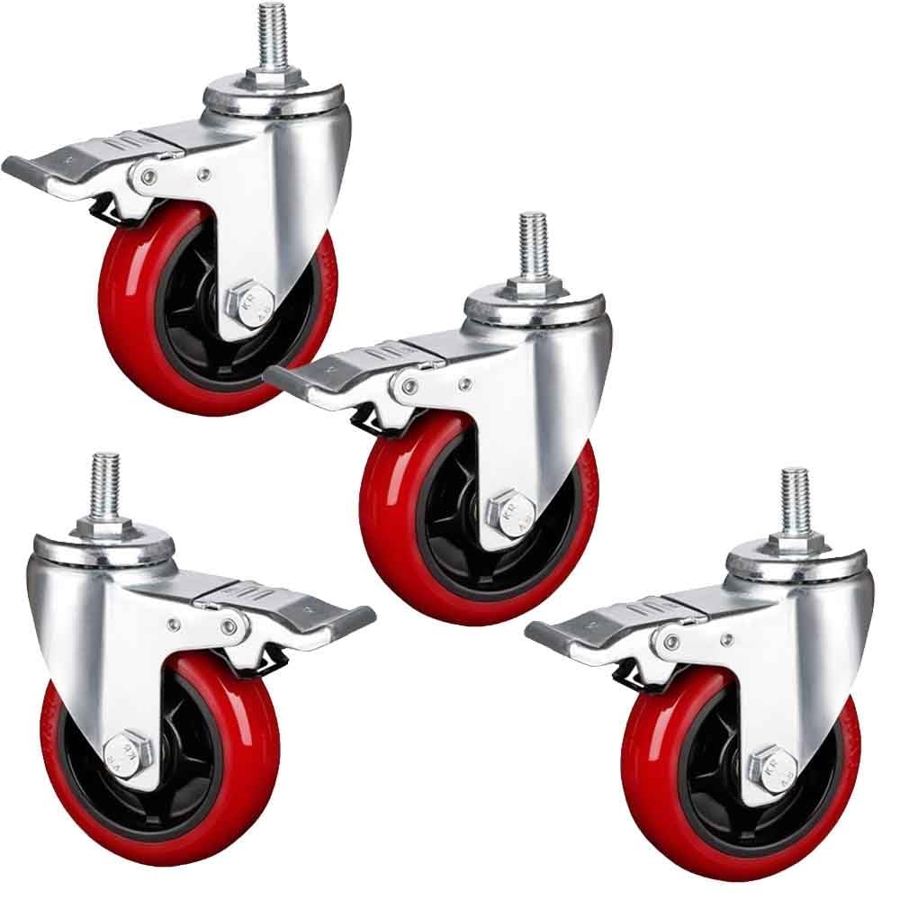 GBRJUYF Set of 4 Industrial PU Swivel Caster Wheels 3/4/5 Inch with Brake M12 Threaded Stem 360° Rotation Silent &Anti-Wear Replacement Casters for Easy Mobility
