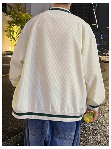 Image of MakeMeChic Men's Corduroy Jacket Letter Graphic Long Sleeve Button Down Warm Coats Beige and Green Small