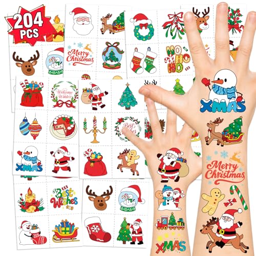 PARTYWIND 204 PCS Christmas Tattoos for Kids, Christmas Stocking Stuffers for Kids, Xmas Stickers Decorations Party Favors for Girls Boys, Christmas Goodie Bags for Classroom Prizes