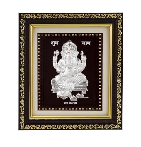 Image of Hem Jewels 999 Pure Silver Ganesh Photo Frame for Home & Office | God Frame for Pooja Room & Wall Decor | Premium Pure Silver Gifting Item for Wedding, Housewarming, Office, Wedding & Festival Gifts | Square Tabletop | W=12cm & H=13.5 cm | Certificate Included