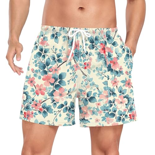 xigua Vintage Floral Pattern Mens Swim Trunks with Liner, 5 inch Quick Dry Mens Boardshorts for Beach