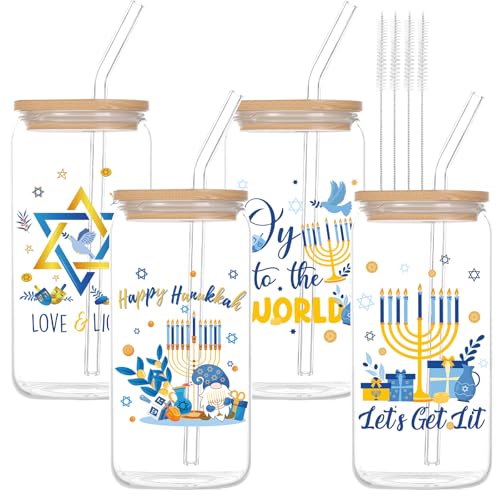 Shejdgart Hanukkah Glass Cups Gifts - 4Pcs 16oz Chanukah Glasses Cup Coffee Mug with Lid Straw, Happy Hanukkah Glass Tumbler Drinking Jar Gifts for Festival of Lights Jewish Chanukah Party Supplies