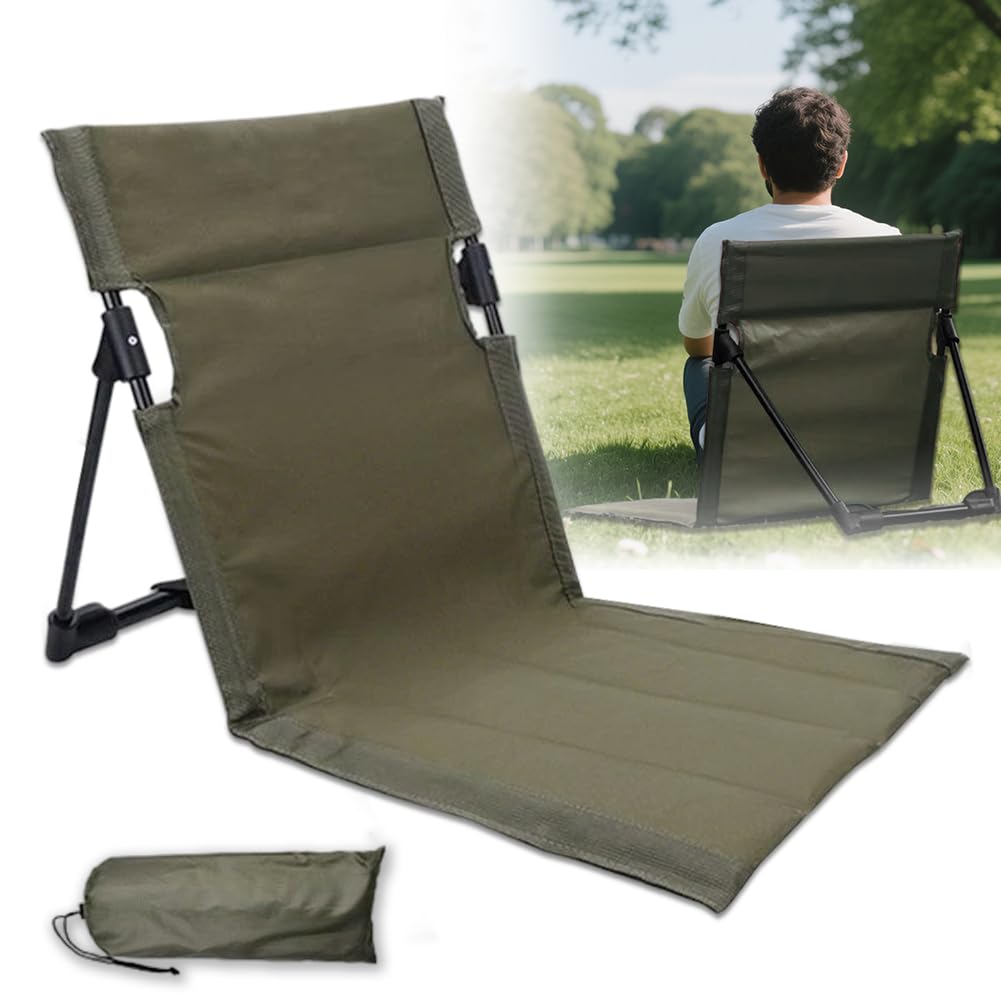 Sedia da pavimento con schienale, da spiaggia, pieghevole, per campeggio, picnic, attività all'aperto, con staffa di supporto (verde)