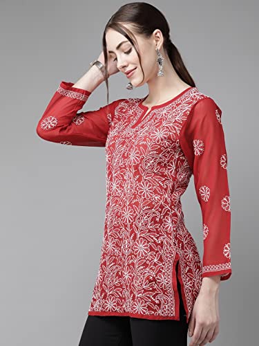 Image of Ada Women's Georgette Regular Fit Chikankari Hand Embroidered Lucknow Short Kurti Top A911224