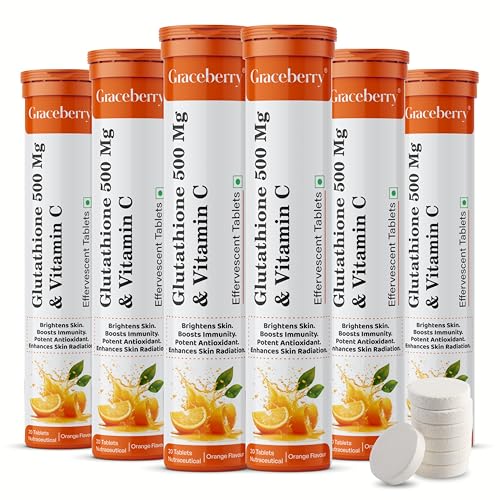 Image of Graceberry Glutathione Tablets for Glowing Skin | 120 Effervescent Tablets with L-Glutathione & Vitamin C | Sugar-free Antioxidant & Skin Glow Supplement for Skin Radiance | Orange (Pack of 6)