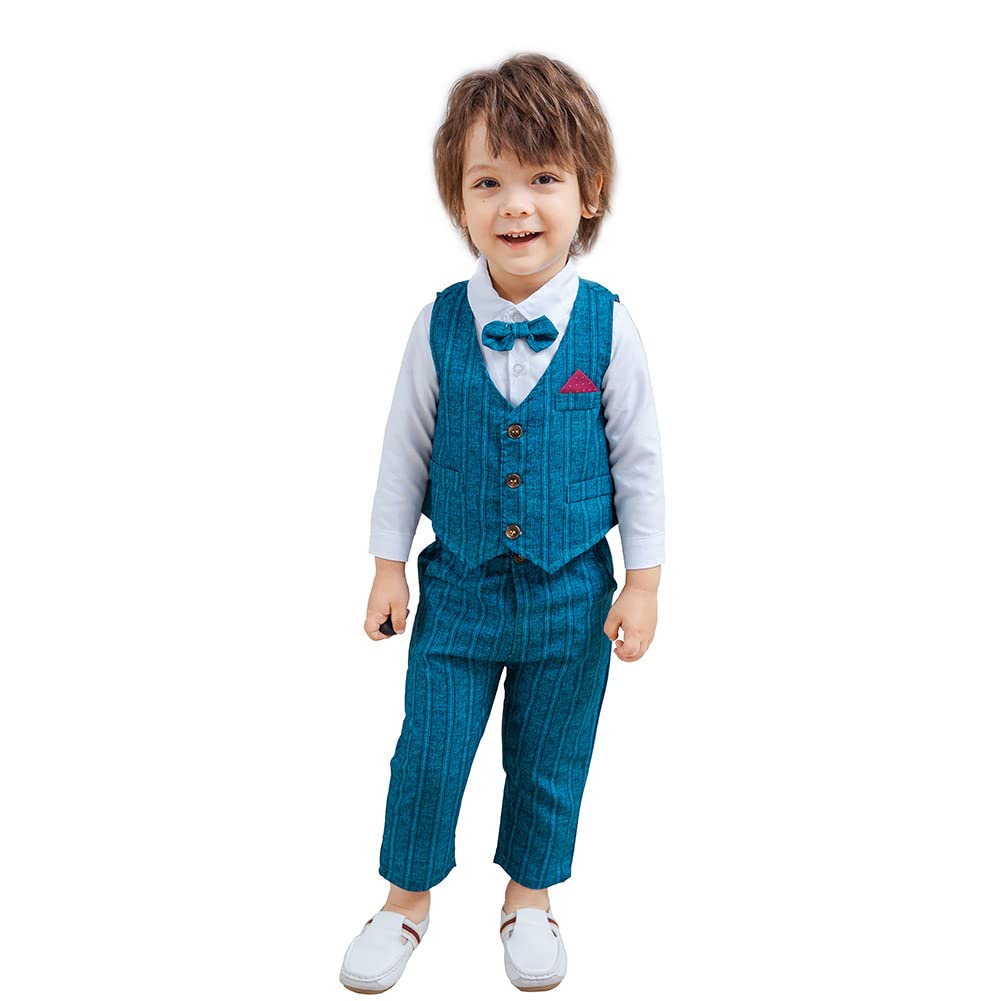 Baby Boys Gentleman 3Pcs Clothing Set Bowtie Blue Suits Long Sleeve +Vest+Pants