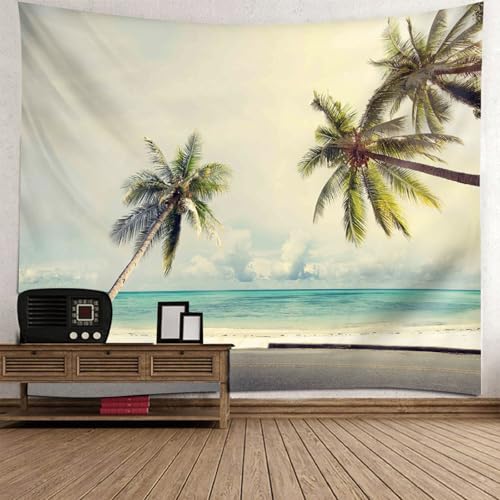 Tapisserie murale paysage plage cocotiers 256x350cm grand format en tissu pour chambre